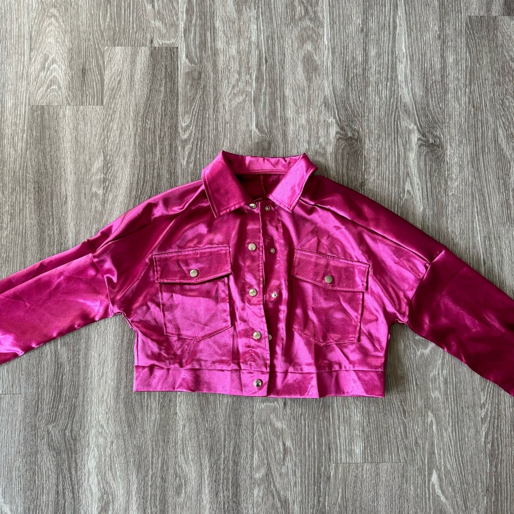 Hot Pink Shiny Jacket | Thrifted Vintage Cropped Jacket Size Small